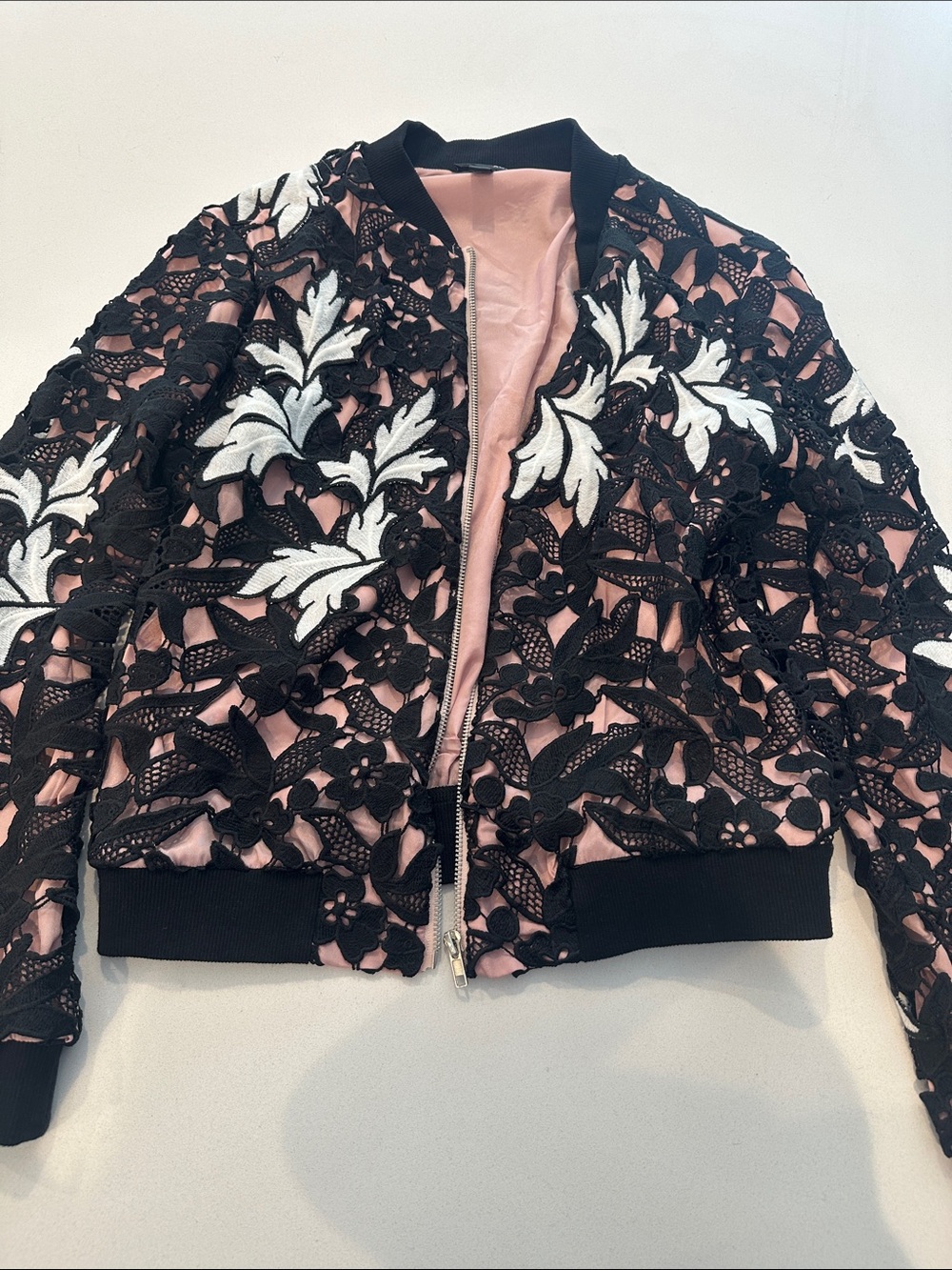 Black Lace Appliqué Bomber Jacket with Pink Lining